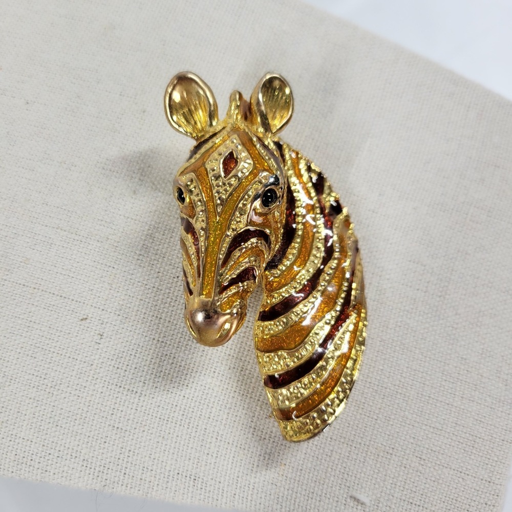 Stunning Heavy Enamel Goldtone ZEBRA Brooch Statement Pin 2.75"